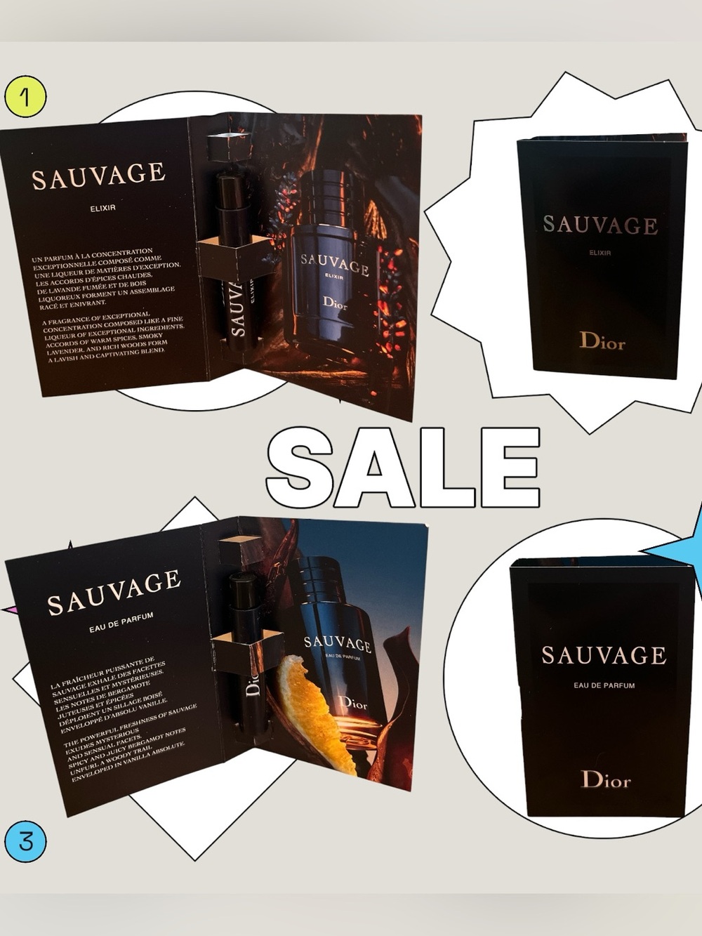 Dior Sauvage Sample Spray Set 4 x 1mL Elixir & Eau de Parfum 4mL Total